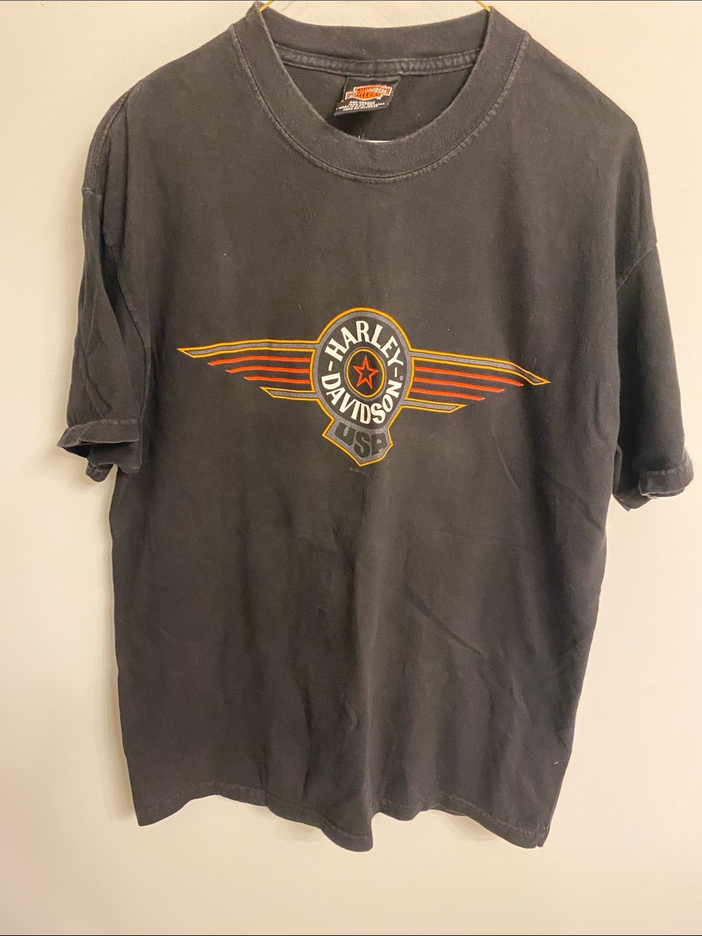 Harley-Davidson Black Short Sleeve Tee with Orange and Gold Wing Logo